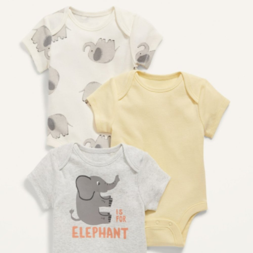 Old Navy Pack of 3 Baby Bodysuit Onesie. 6-12 MO. Cotton. Elephant. Short Sleeve